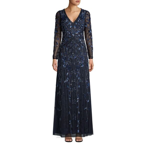 New! AIDAN MATTOX Women's Sequined Beaded Dress Gown Color Blue Long Sleeve - Picture 5 of 8